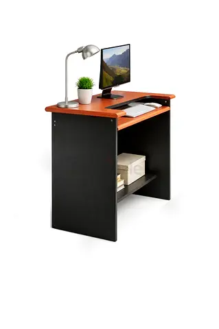 Compact computer desk with keyboard tray and lower shelf