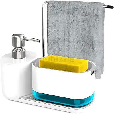KITCHEN SOAP DISPENSER WITH SPONGE HOLDER & TOWEL STAND – WHITE