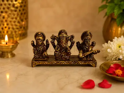 Brass Lakshmi Ganesha Saraswati Idol Set Good vibes Pooja Decor Vastu & Feng Shui Gifting