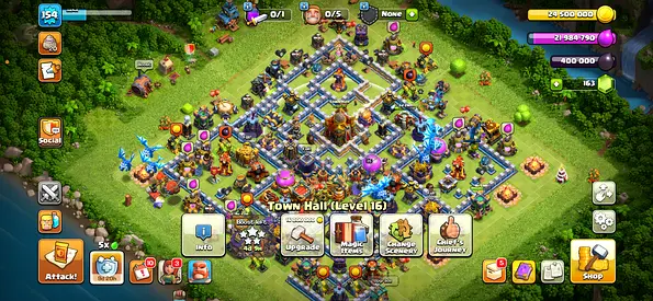 Clash of Clans account with Town Hall 16, maxed base elements