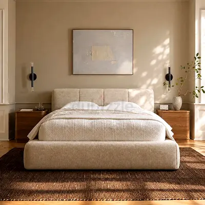 Beige boucle double size thick bed frame