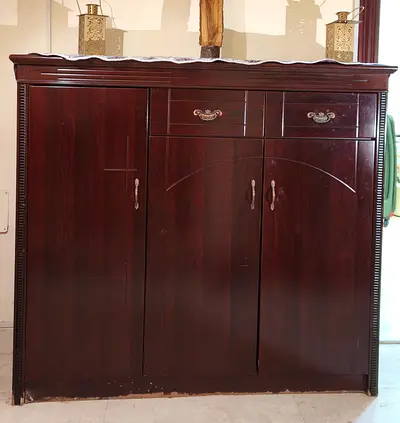 Dark Wood Storage Cabinet with Drawers and Double Doors