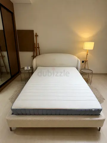 Beige upholstered bed frame with mattress 160 x 200cm - modern, good condition