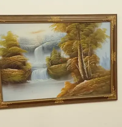 Golden Framed Oil Painting with Waterfall