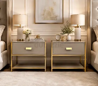 Pair of Modern Gold-Trim Bedside Nightstands with Drawers