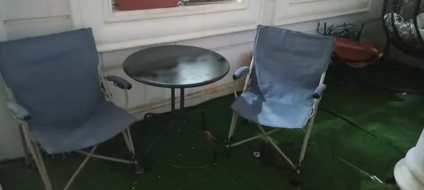 Two Foldable Camping Chairs with Small Round Side Table - Used