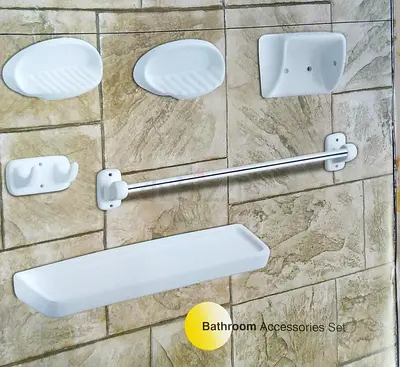 White Bathroom Accessories Set – Towel Bar, Soap Dishes, Shelf & Hooks