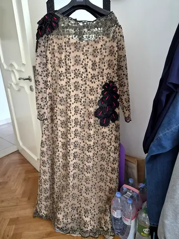 Elegant beige embroidered long dress with beautiful sequin neckline (one-piece), 3XL
