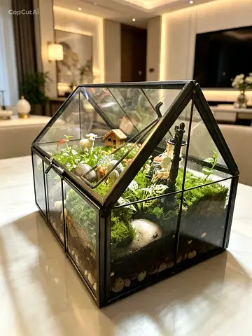 Glass House Terrarium with Live Moss and Miniature Decor