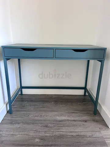 Blue two-drawer writing desk / console table - good condition