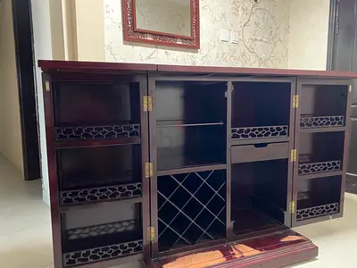 Foldable antique Solid Wood heavyweight with wheels Sideboard Cabinet with Wine Rack and Storage