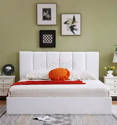 White upholstered king size bed frame with padded headboard With Spring Mattress 22cm thickness