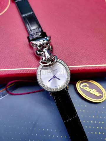 Cartier Panthère Ladies’ Watch – Silver Dial, Diamond-Set Bezel & Black Leather Strap