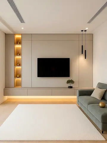 Entertainment wall unit with shelving and LED lighting