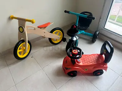 Set of 3 kids ride-on toys: wooden balance bike, tricycle and push car - good condition