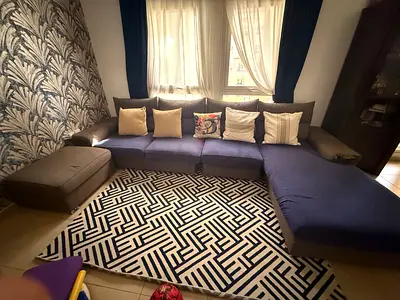 L-Shaped Corner Sofa Set with Ottoman | Grey & Blue | Family Used | 400 AED