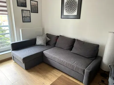 Grey L-shaped fabric sofa with chaise
