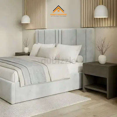 Modern Grey Upholstered Bed with Headboard