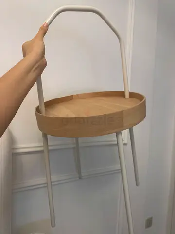 Round wooden top side table with white metal legs ikea