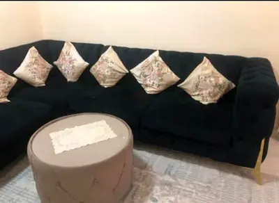 Black L-shaped Velvet Corner Sofa with Cushions - Good Condition