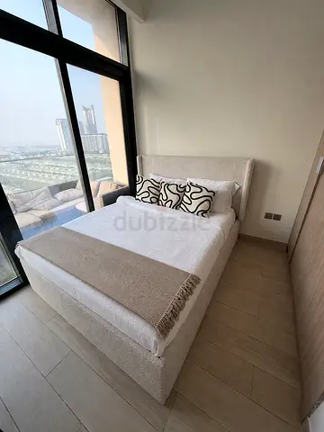 Beige boucle queen bed with mattress