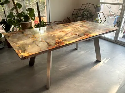 Marble-effect dining table with metal legs - 6 seater, good condition - Pickup only