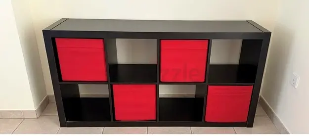 Black 6-Cube Storage Shelf with Red Fabric Drawers - Good Condition