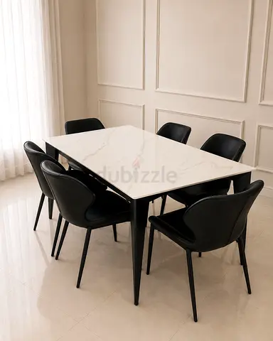 Modern Marble Top Dining Table with 6 Black Chairs