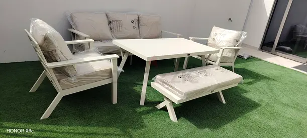 Outdoor patio lounge set - 1 sofa, 2 chairs, bench and coffee table
