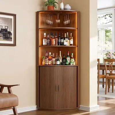 Wooden Corner Bar Cabinet with Shelves and Tambour Door
