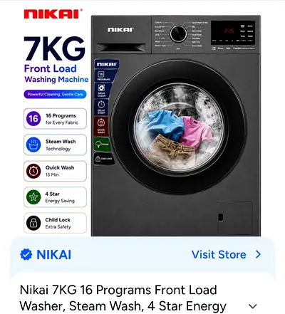 Nikai 7kg Front Load Washing Machine — 16 Programs, Steam Wash