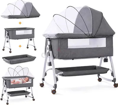 Portable Baby Bassinet with Canopy, Mesh Sides and Storage Shelf - Grey