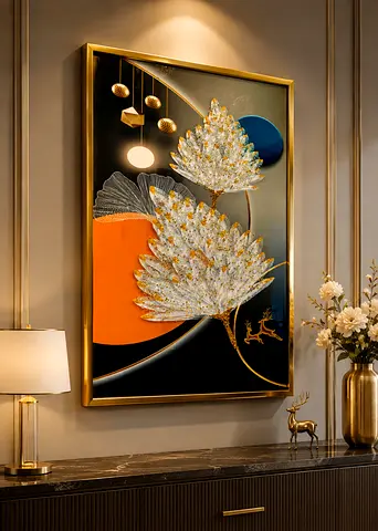 Framed 3D Leaf Wall Art with Gold Frame — Modern Decorative Painting