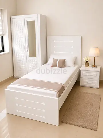 New Single white wooden bed with headboard and matching nightstand