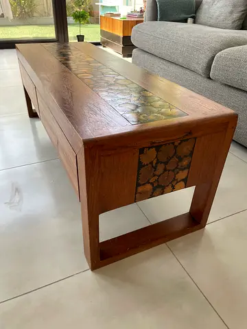 Solid Wood Coffee Table with Inlaid Tile Top – Good Condition.