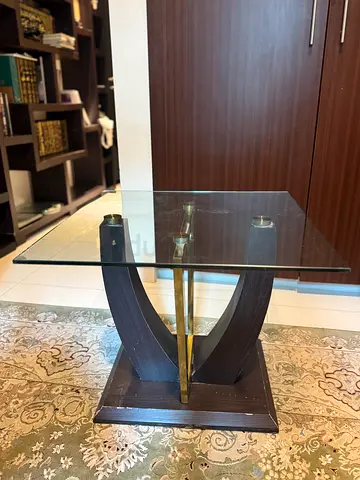 Glass Top Side Table with Wooden V-Shaped Base
