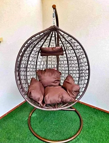 Brown Rattan Hanging Egg Chair with Cushions - Freestanding