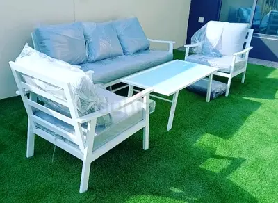 White Outdoor Sofa Set with Cushions - 3 Seater + 2 Chairs + Coffee Table