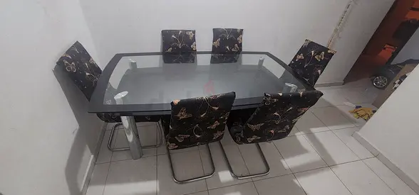 Steel & Glass Dining Table with 6 Chairs - Good Condition