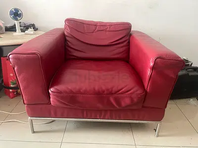 Red Leather Single-Seat Armchair with Metal Legs - Good Condition