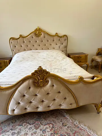 Ornate Gold & Beige Tufted King Bed with Matching Nightstands and vanity table and mirror
