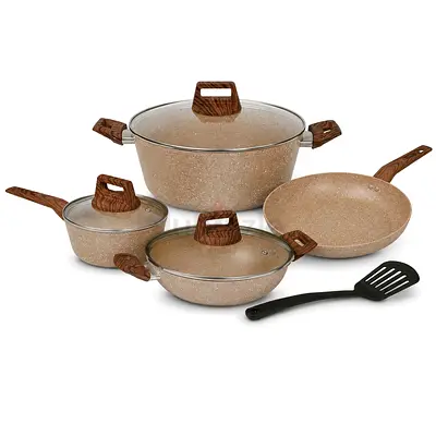 8-piece non-stick cookware set with lids and spatula - used, good condition