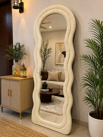 Full-Length Cream Wavy Frame Mirror — Decorative Floor Mirror