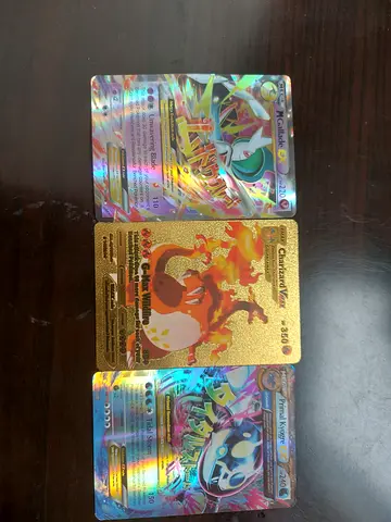 3 Rare Pokémon Holo Trainer Cards — Charizard VMAX Gold + Primal Kyogre + Mega Gallade EX