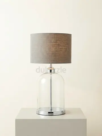 Glass Base Table Lamp with Grey Fabric Shade - Modern Bedside Lamp