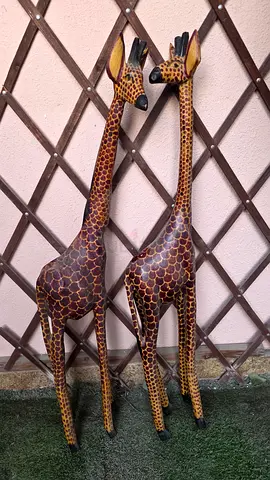 Pair of Hand-Carved Wooden Giraffe Sculptures