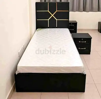New Single Black Bed Frame with Headboard and Mattress + Bedside Tables