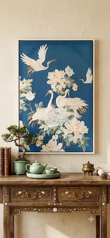 Framed Asian-Style Crane Floral Wall Art (Blue Background)