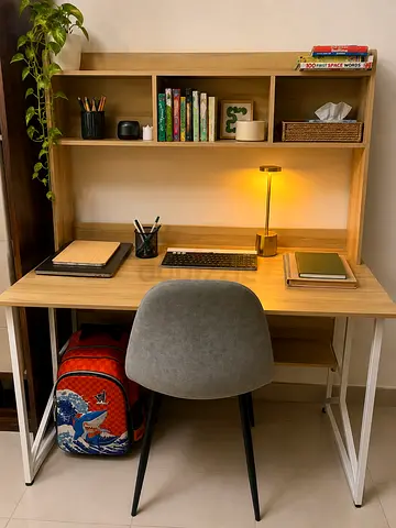 Wooden Study Desk with Overhead Shelves —  Very Good Condition