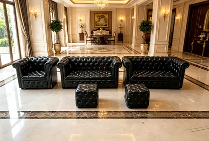 Black Leather Chesterfield 3-Piece Sofa Set with 2 Ottomans
